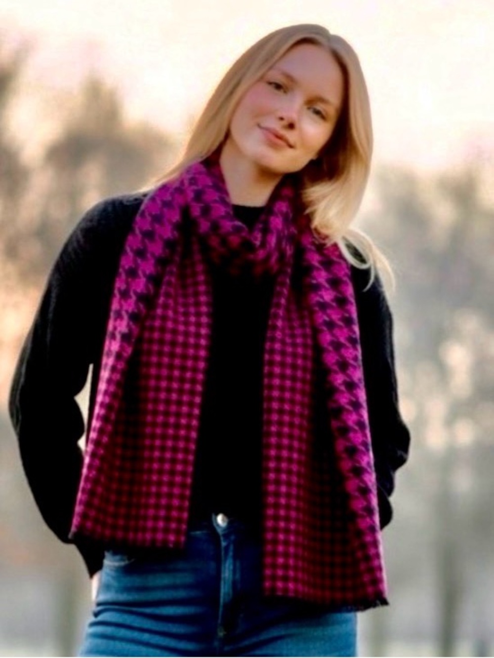 Silk scarf houndstooth pink blue  brushed silk RTL 80 NWT 64X12